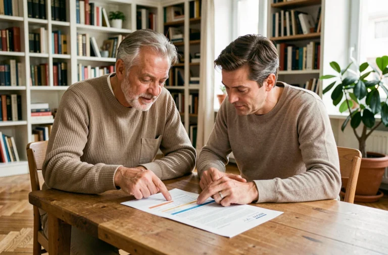 Couple examinant des documents de prêt immobilier Casden à domicile en 2025