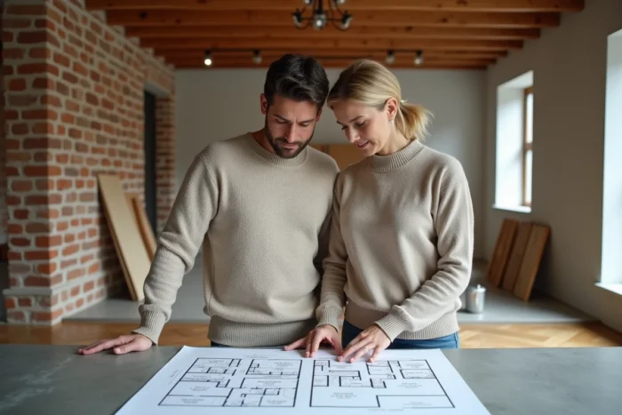 Couple examining architectural plans in a living room undergoing renovation with herringbone flooring and exposed brick wall