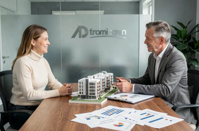 Couple en réunion avec un agent immobilier dans une agence moderne, examinant un dossier d'investissement immobilier et une maquette de résidence