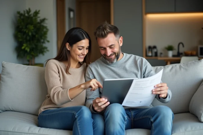 Couple vérifiant les informations d'un bénéficiaire avant de valider un virement sur le compte Société Générale via tablette