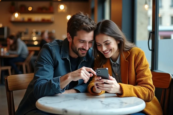 Couple consultant un smartphone dans un café pour vérifier des informations en ligne