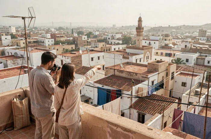Couple de voyageurs nomades admirant une vue panoramique sur une médina depuis une terrasse au Maroc