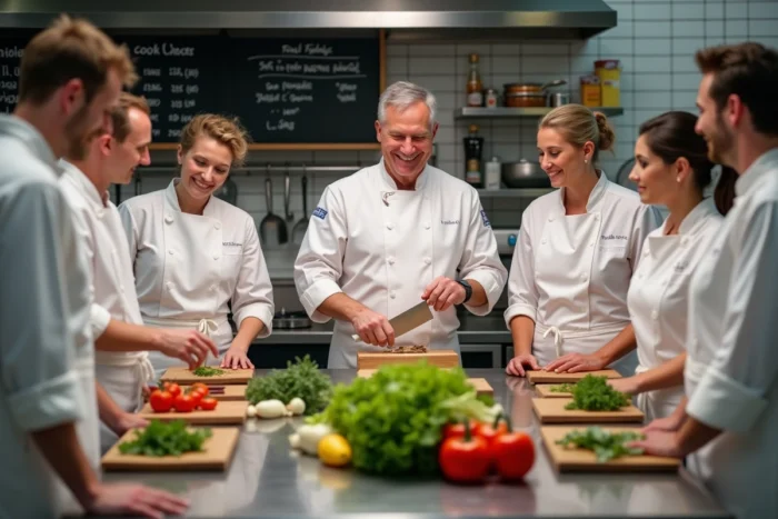 Groupe d'adultes participant à un cours de cuisine collectif animé par un chef professionnel dans une cuisine équipée