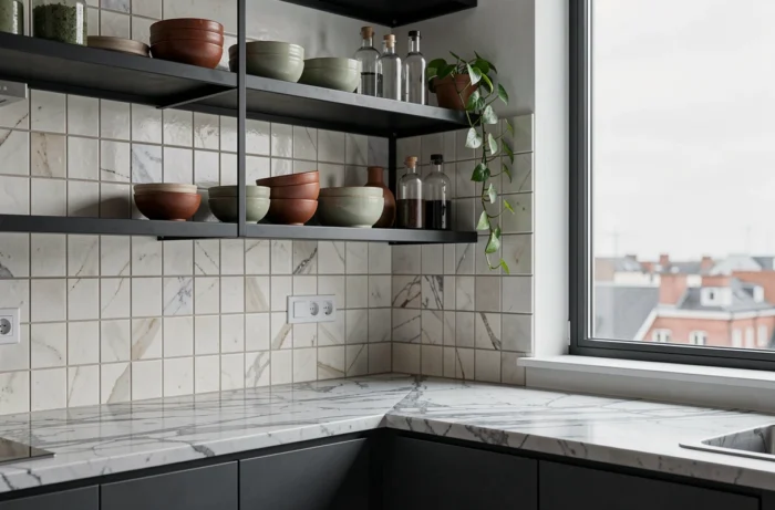 Étagères flottantes en métal noir avec céramiques colorées et carreaux zellige dans une cuisine urbaine moderne et tendance
