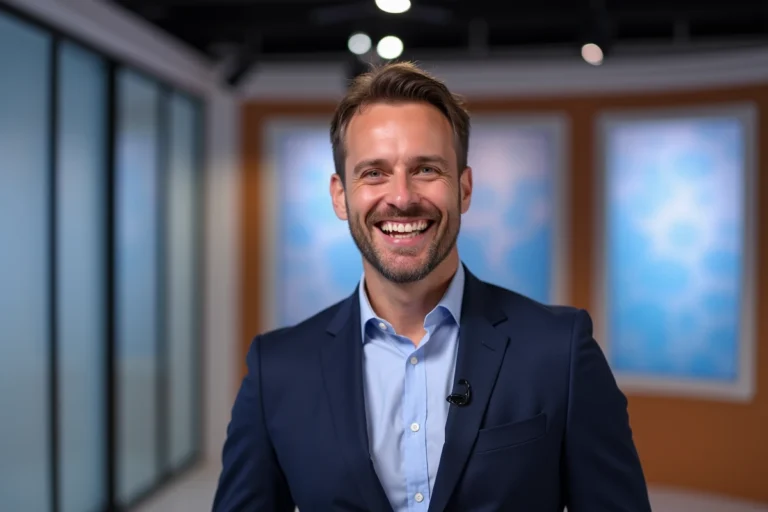 Cyril Féraud souriant dans un studio de télévision, évoquant son rôle de personnalité médiatique française