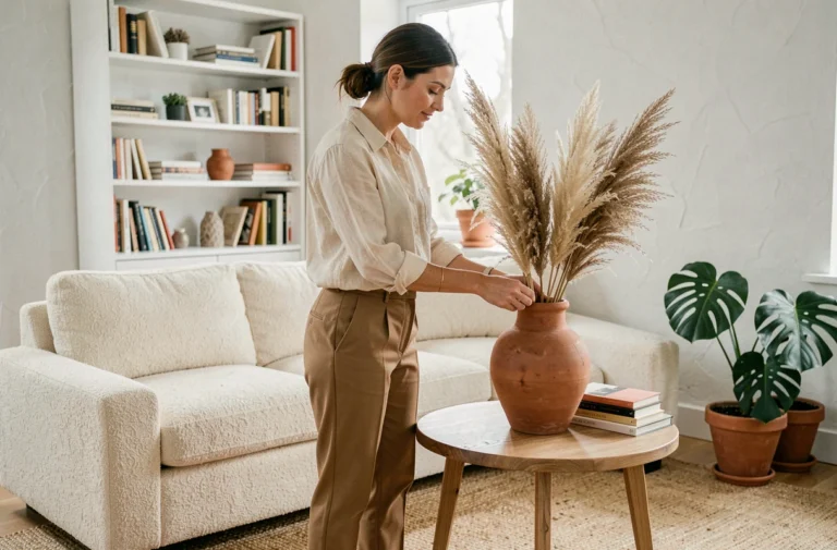 Femme arrangeant des herbes de pampa dans un vase en terre cuite dans un salon scandinave tendance avec canapé boucle ivoire et plantes vertes