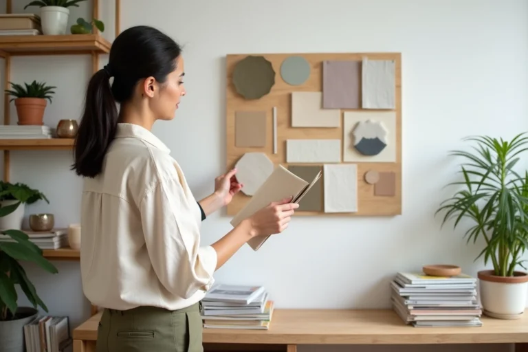 Femme décoratrice d'intérieur consultant un tableau d'inspiration avec des échantillons de tissus et de peinture dans un bureau scandinave