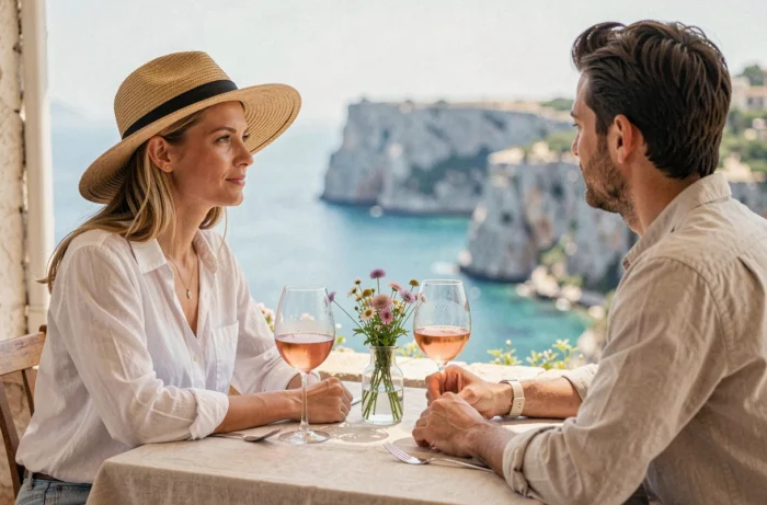 Couple savourant un verre de rosé en terrasse avec vue sur la côte méditerranéenne dans le sud de la France
