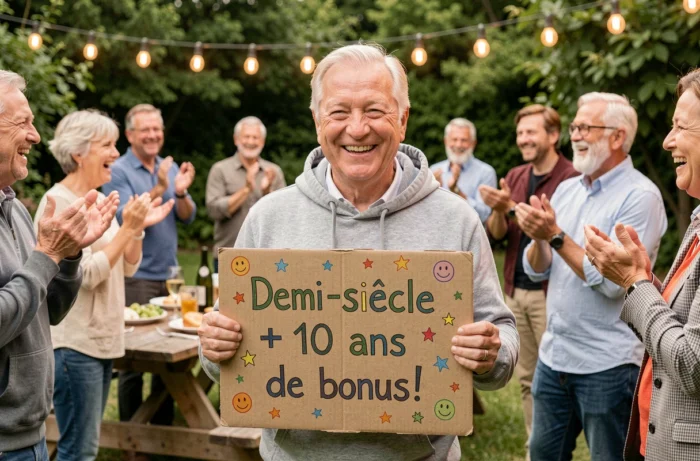 Homme de 60 ans tenant une pancarte humoristique indiquant demi-siècle plus dix ans de bonus