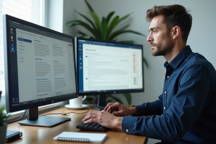 Homme résolvant un problème de connexion SharePoint sur deux écrans à son bureau à domicile