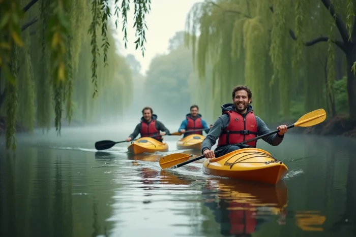 Groupe d'adultes en descente de canoë-kayak sur une rivière calme entourée de végétation luxuriante