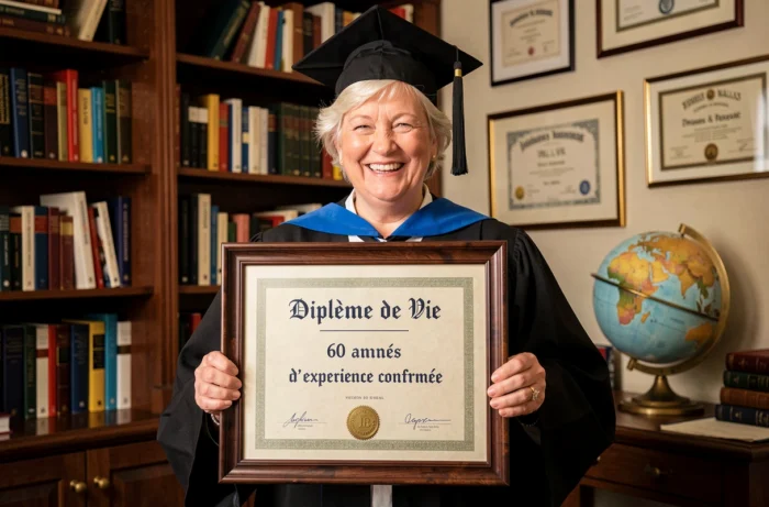 Femme de 60 ans tenant un faux diplôme humoristique de 60 années d'expérience de vie portant une toge académique