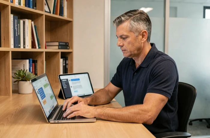 Dirigeant d'entreprise utilisant un assistant basé sur l'intelligence artificielle sur ordinateur portable dans son bureau privé