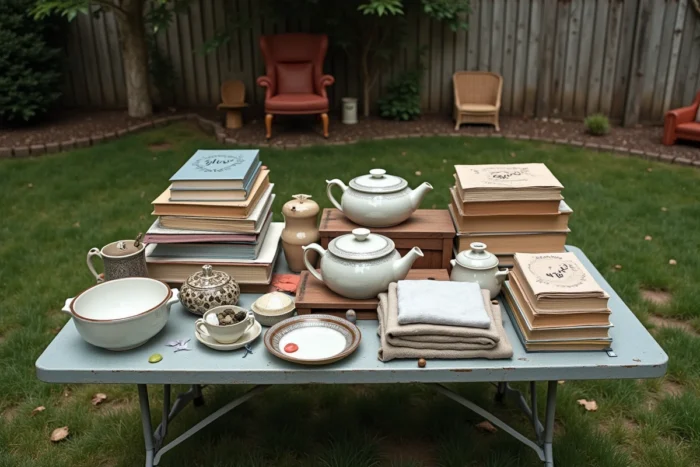Table de don gratuit dans un jardin avec des objets issus du vidage d'une maison