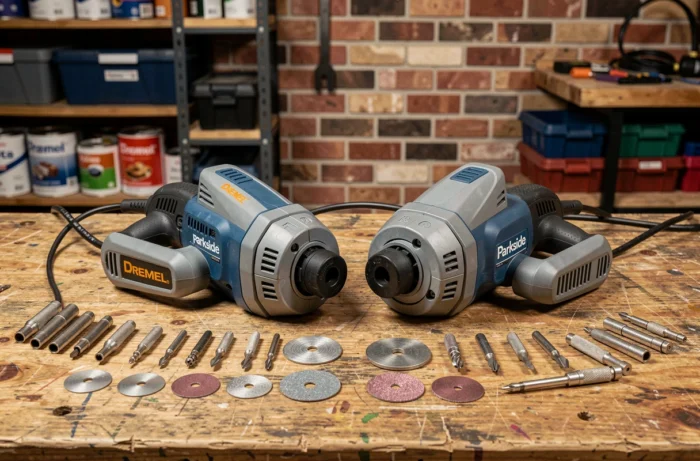 Outils rotatifs Dremel et Parkside posés côte à côte sur un établi avec leurs accessoires pour une comparaison détaillée