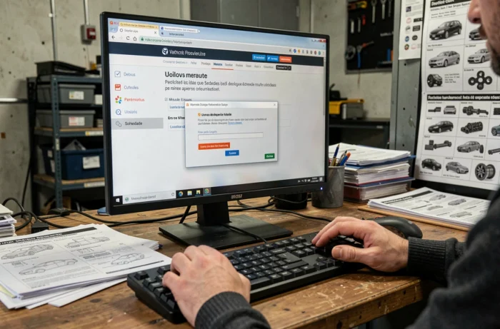 Écran d'ordinateur affichant un message d'erreur lors de la connexion à un logiciel de pièces automobiles en ligne