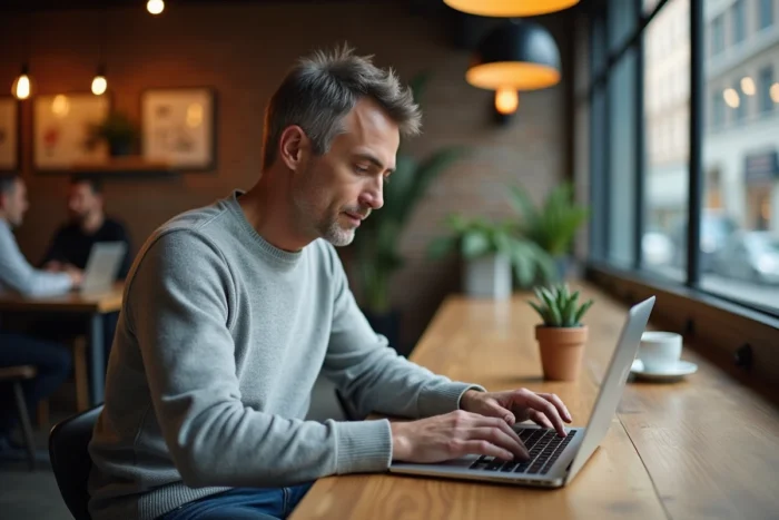Entrepreneur masculin travaillant sur son activité en ligne depuis un espace de coworking moderne et chaleureux