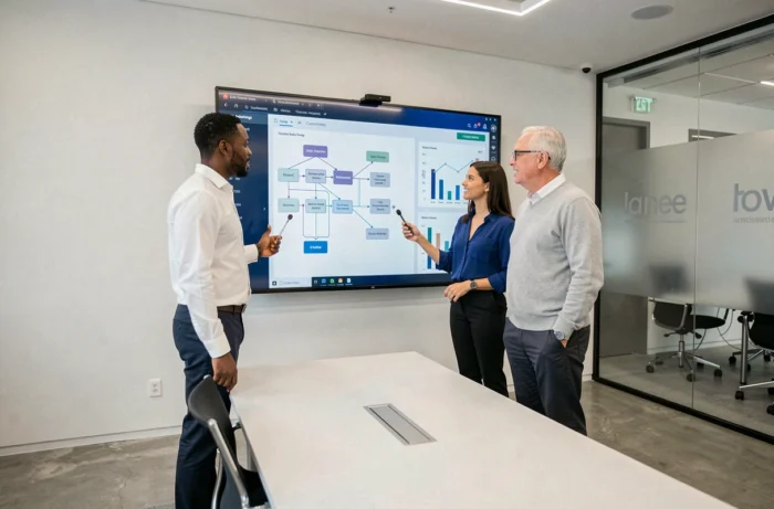 Équipe professionnelle diversifiée collaborant autour d'un écran tactile affichant des outils d'intelligence artificielle en salle de réunion