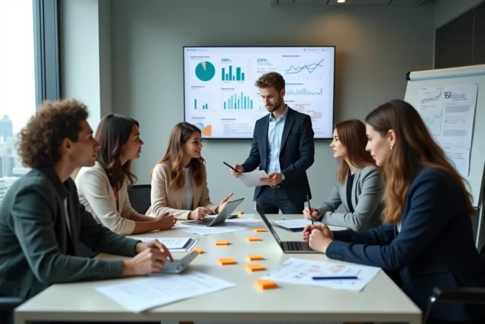 Équipe de professionnels en réunion stratégique autour de données business pour développer leur activité commerciale en ligne