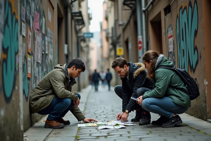 Groupe d'adultes participant à un escape game en extérieur avec un scénario urbain dans une ruelle de ville