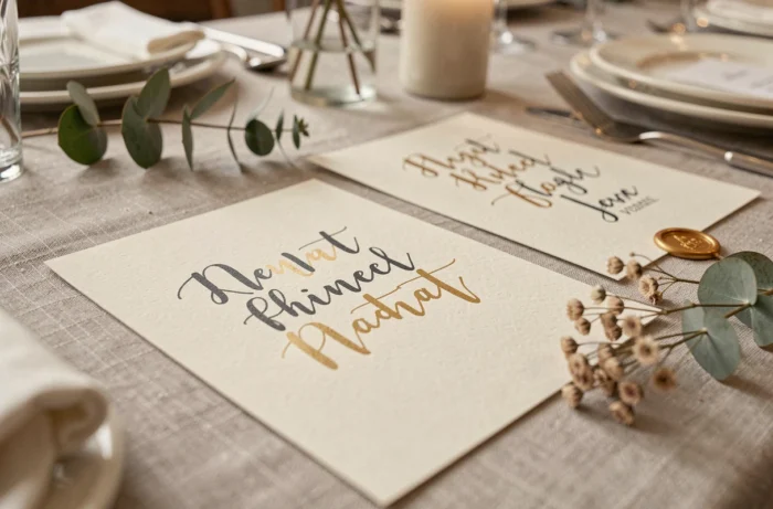 Étiquettes et menus de baptême calligraphiés à la main sur papier texturé crème avec sceaux de cire et fleurs séchées