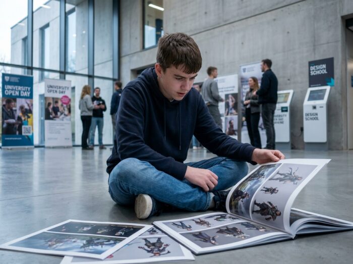 Adolescent consultant un portfolio de design lors d'une journée portes ouvertes d'une école d'art après le bac
