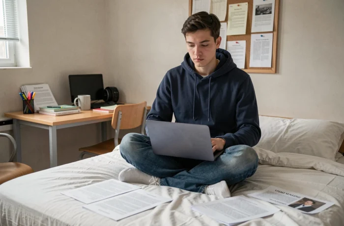 Étudiant consultant des dissertations gratuites en ligne depuis sa chambre universitaire avec des notes imprimées