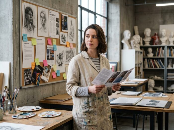 Étudiante en art comparant des brochures d'écoles d'art dans un atelier authentique avec portfolios et croquis au mur