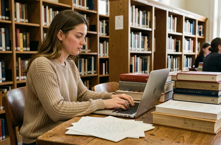 Étudiante cherchant des dissertations gratuites en ligne sur son ordinateur portable dans une bibliothèque universitaire