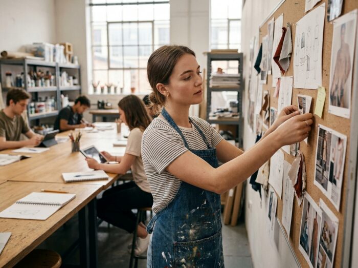 Étudiante en école de design organisant son moodboard dans un studio partagé après le lycée