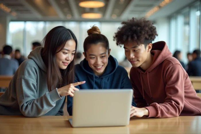 Groupe d'étudiants résolvant ensemble un problème de connexion à un portail numérique universitaire
