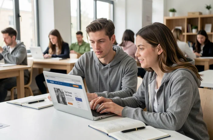 Deux étudiants collaborant pour trouver des dissertations gratuites sur un site académique en ligne dans un espace de travail moderne