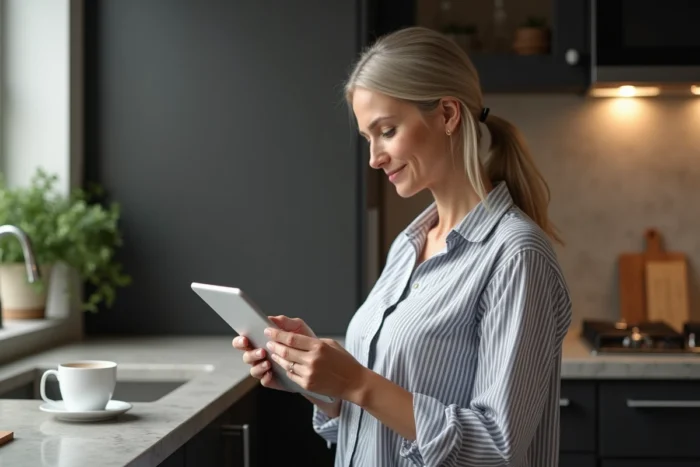 Femme consultant la FAQ du service client Roomlala sur une tablette dans sa cuisine