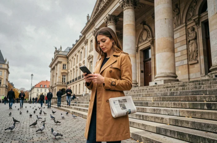 Femme lisant les actualités sur smartphone devant un bâtiment gouvernemental européen en automne
