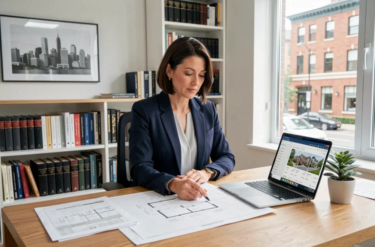 Femme professionnelle analysant des documents immobiliers et des plans architecturaux dans un bureau moderne pour planifier un investissement rentable