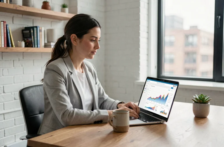 Femme professionnelle analysant des statistiques de présence web sur un ordinateur portable dans un bureau moderne