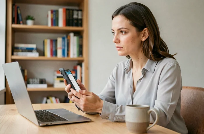 Femme consultant l'annuaire inversé 118 712 sur son smartphone dans un bureau à domicile