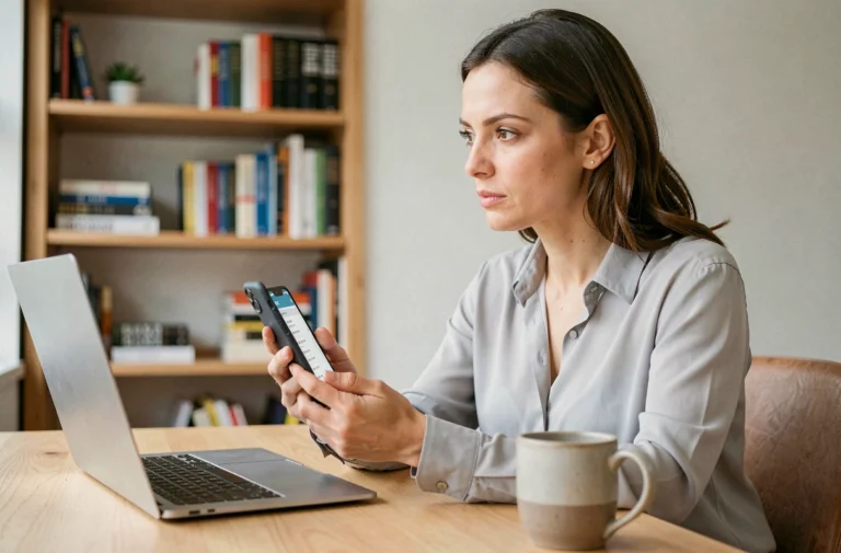 Femme consultant l'annuaire inversé 118 712 sur son smartphone dans un bureau à domicile