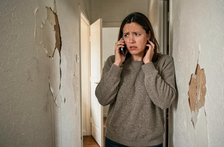 Femme inquiète appelant l'assistance Foncia en urgence depuis son appartement avec dégât des eaux