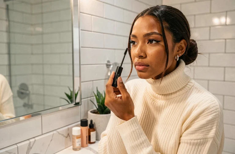 Jeune femme appliquant le mascara Maybelline devant un miroir de salle de bain moderne, reflet naturel et produits de beauté sur le comptoir en marbre