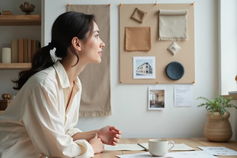 Femme architecte d'intérieur consultant un tableau d'inspiration avec des échantillons de tissus et de peinture pour décorer une maison