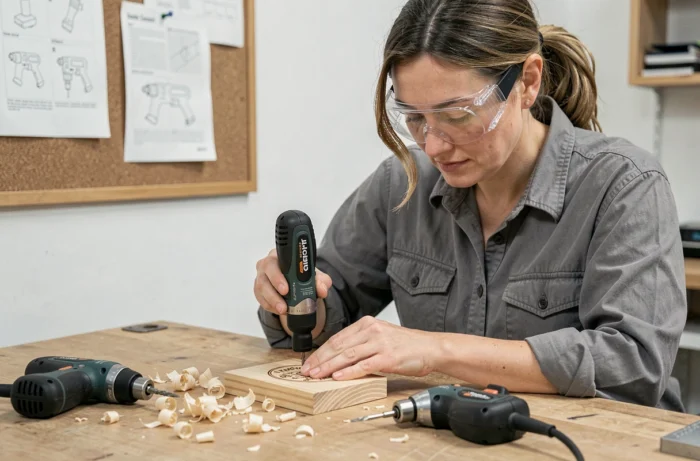 Femme artisane utilisant un outil rotatif multifonction dans un atelier avec deux modèles Dremel et Parkside comparés sur l'établi