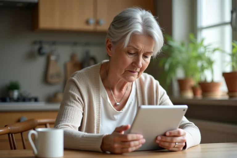 Une femme âgée consulte les avis Google sur Amplifon depuis sa tablette dans sa cuisine