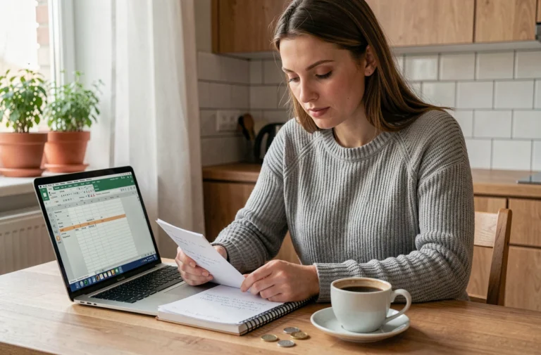 Femme gérant son budget personnel avec un carnet et un ordinateur portable sur une table de cuisine en bois
