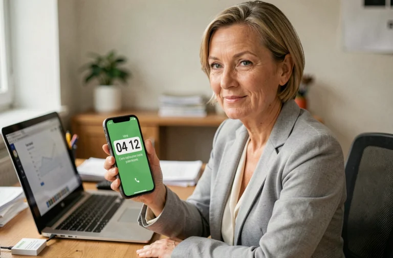 Femme au bureau composant un numéro de téléphone français 04 12 sur smartphone