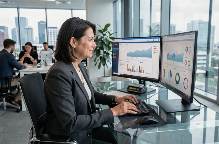 Femme cadre dirigeante analysant des tableaux de bord d'intelligence artificielle dans un bureau moderne