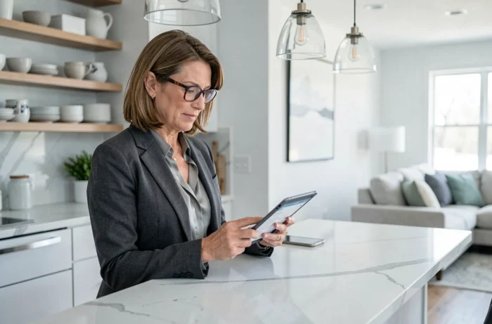 Femme professionnelle consultant un site d'emploi sur une tablette depuis sa cuisine moderne