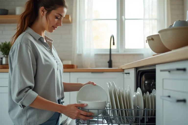 Femme chargeant efficacement un lave-vaisselle moderne pour optimiser sa consommation électrique au quotidien