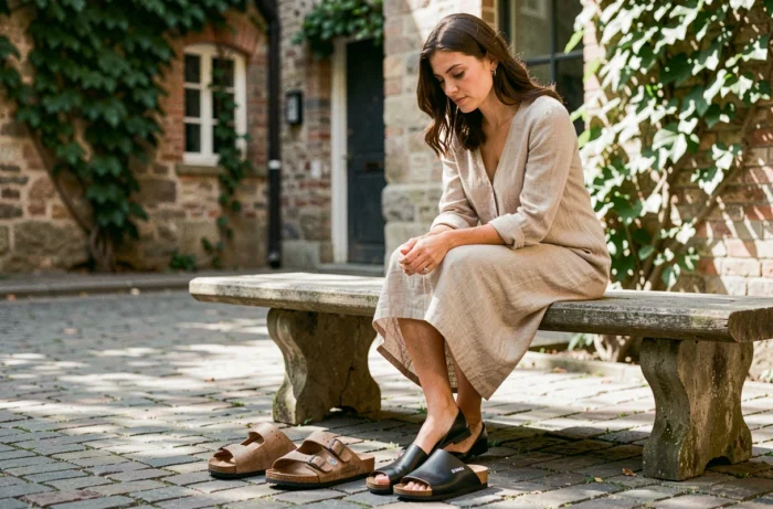 Woman comparing Birkenstock and Scholl sandals in a stone-paved urban courtyard