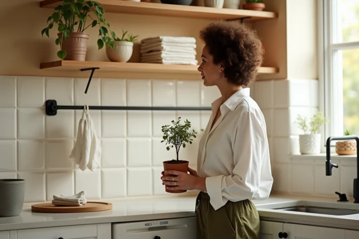 Woman choosing a paint color for her kitchen with samples on the wall and decorative wooden shelves